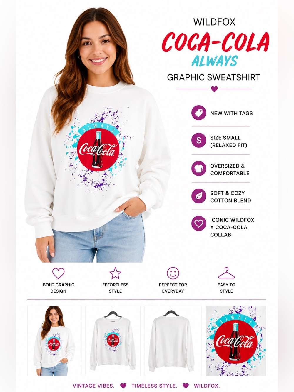 Wildfox x Coca Cola Seeatshirt with Bold Graphic Small NWT Oversized retro vibes